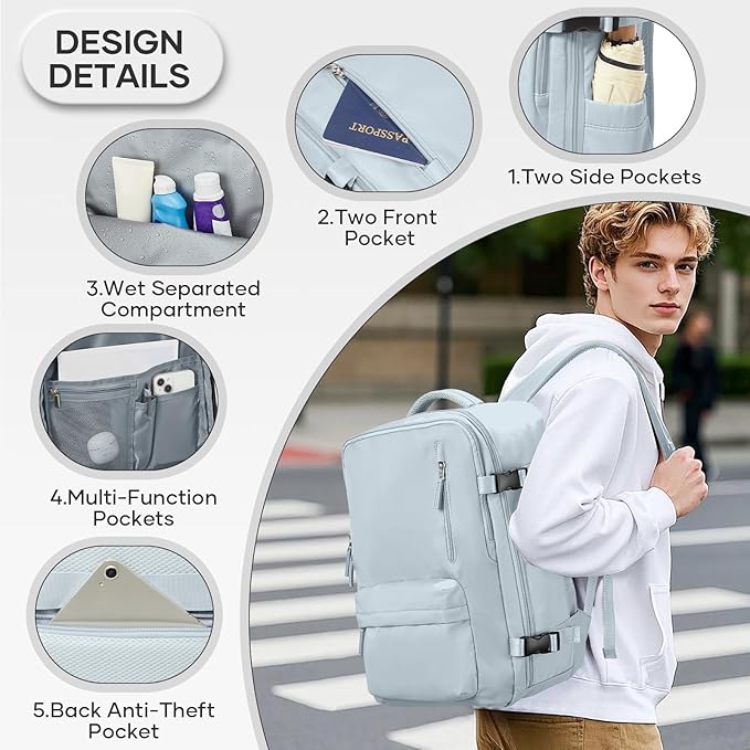 Vacuum Compression Backpack, Travel Vacuum Backpack with Electric Vacpack Pump, Flight Approved Carry On Personal Item Suitcase Luggage for Men Women, Light Blue