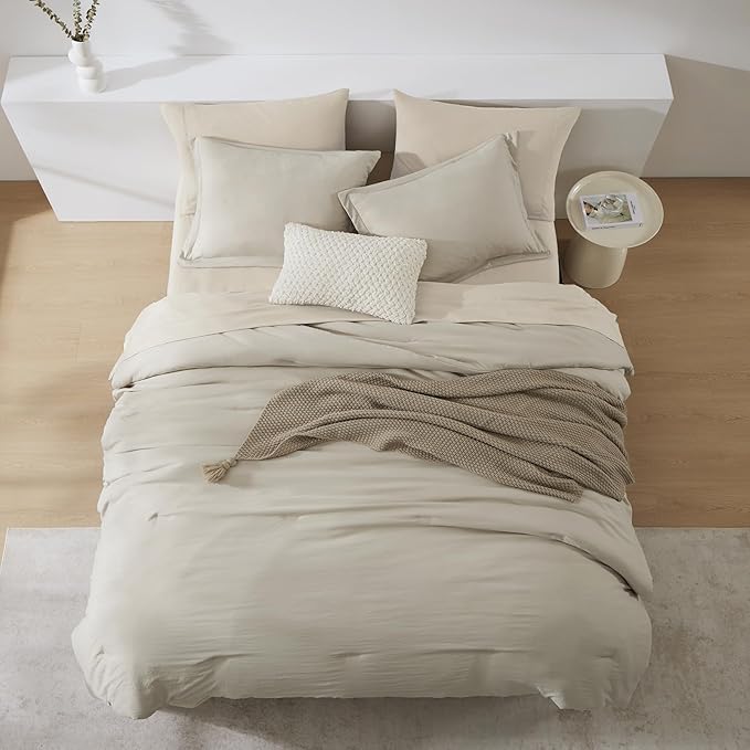 WRENSONGE Oversized Queen Comforter Set - 7 Pieces Light Oatmeal Bed in a Bag Queen with Sheets, 2 Pillow Shams, and 2 Pillowcases- Warm Bedding Sets Queen for All Season