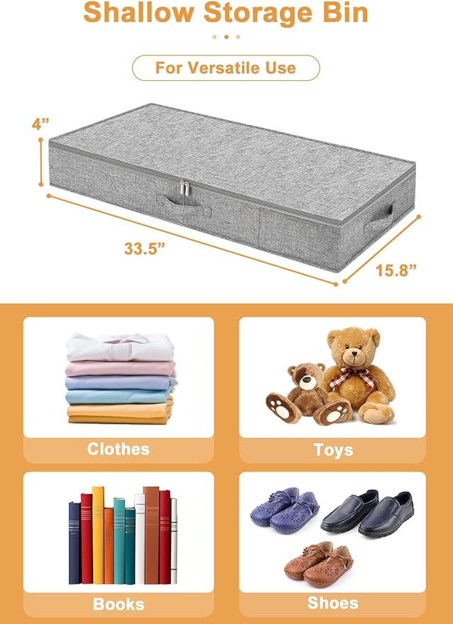 punemi Low Profile Under Bed Storage, 4 Inch Height Underbed Storage Containers With Sturdy Sidewalls & Bottom, Shallow Under Bed Organizer Clothes Storage Bins, Slim Under Couch Sofa Dresser Storage