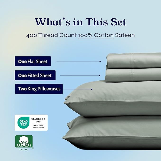 California Design Den 400 Thread Count, Natural 100% Cotton Sheets Sateen, Soft King Bed Sheets Set, Deep Pockets with All-Around Elastic for a Snug Fit, Durable Bedding Set - Sage Green CaliforniaDesignDen
