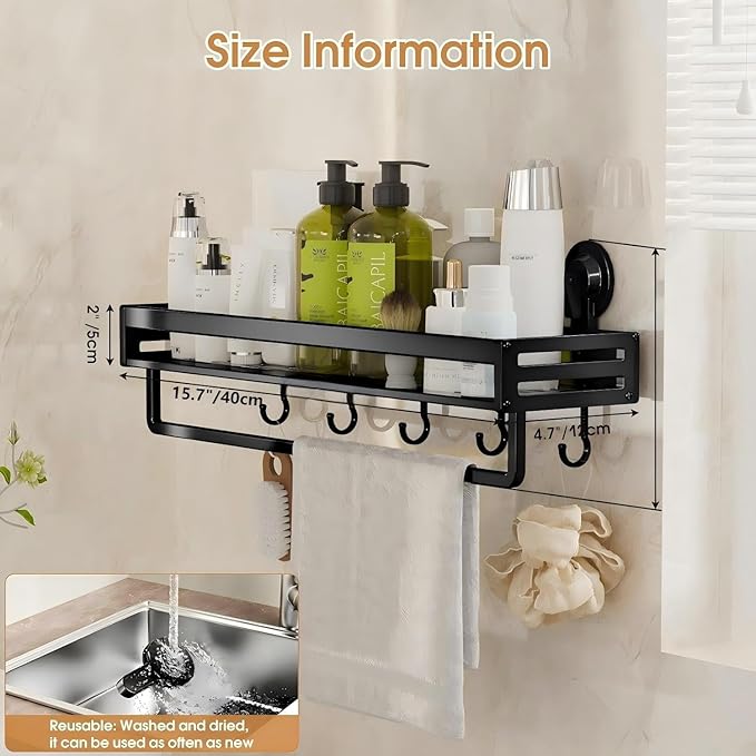 Shower Caddy Suction Cup, 15.8 inch Suction Shower Shelf with Hooks NO-Drilling Bathroom Holder, Rustproof Bathroom Organizer, Black