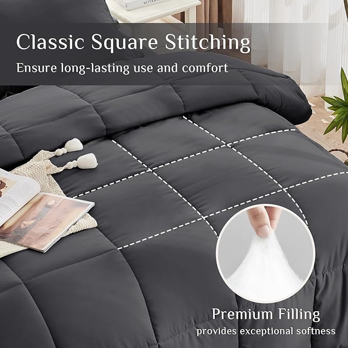 JOLLYVOGUE Oversized Queen Comforter Set, Ultra-Soft Bed in a Bag Oversized Queen Size 7 Pieces, Oeko-TEX Certified Bedding Set with Down Alternative Comforter, Sheets, Pillowcases & Shams, Dark Grey