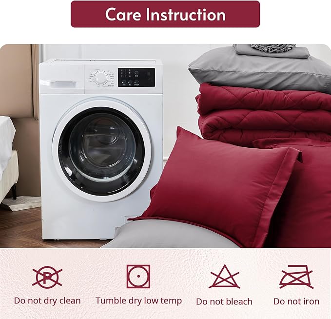 MUXHOMO 7 Pieces California King Comforter Set, Reversible Bed in a Bag Cal King Size, All Season Bedding Set with Comforter, Flat Sheet, Fitted Sheet, Pillowcases & Shams, Burgundy & Grey