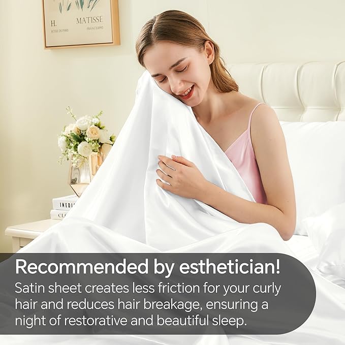 BEDELITE Satin Sheets Full Size Bed Set, Luxury Soft White Silky Sheet for Hair and Skin, Similar to Silk Bed Sheets Set 4 Pieces with 1 Deep Pocket Fitted Sheet, 1 Flat Sheet, and 2 Pillowcases