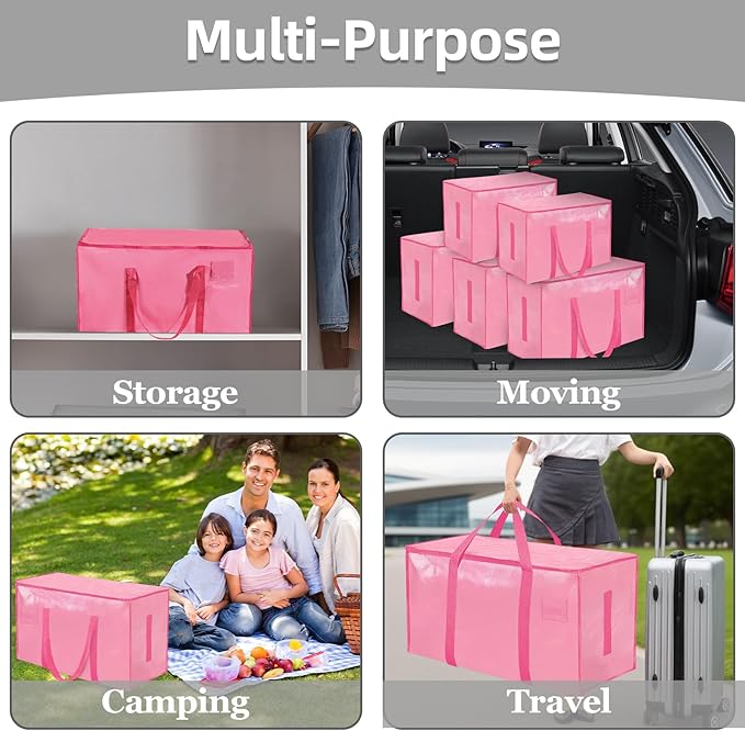 6 Pack-Extra Large Heavy Duty Moving Bags - Waterproof Storage Totes with Handles & Zippers, Foldable for College Dorm, Storage (Pink)