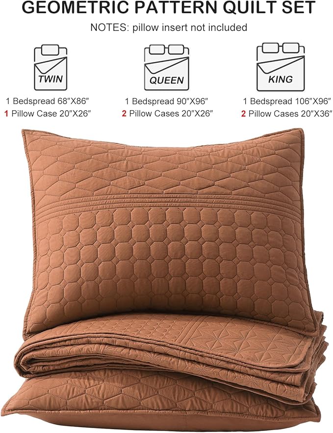 HORIMOTE HOME Burnt Orange Queen Size Quilt Set - Soft Microfiber Bedspread with 2 Shams, Lightweight & All-Season Geometric Coverlet for Cozy Bedding