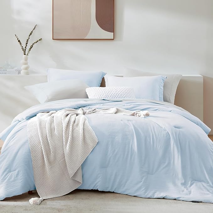 WRENSONGE Full Size Comforter Set- 7 Pieces Ice Blue Bed in a Bag Full Size Comforter with Fitted Sheet, Flat Sheet, 2 Pillow Shams, 2 Pillowcases, Warm Bedding Sets for All Season