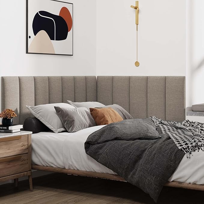 IFNOW Upholstered Wall Mounted Headboard, 3D Soundproof Wall Panels Peel and Stick for King Size, Reusable and Removable Tufted Bed Headboard in Linen (12 Panels, 10" x 24")