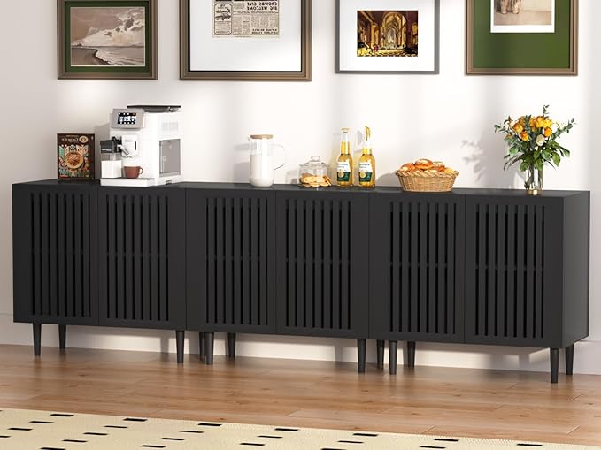 CHUWELL Farmhouse Storage Cabinet Set of 3, 94.5" Buffet Cabinet with 6 Doors and Adjustable Shelf, Sideboard Coffee Bar with Solid Wood Feet for Kitchen,Dining Room,Living Room,Black