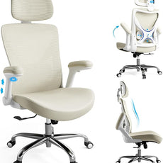 Office Home Ergonomic Desk Chair-Computer X-Shaped Chair Mesh PU Leather with Adjustable Lumbar Support-Executive Chair High Back with Headrest Flip-Up Arms for Long Hours (Beige)