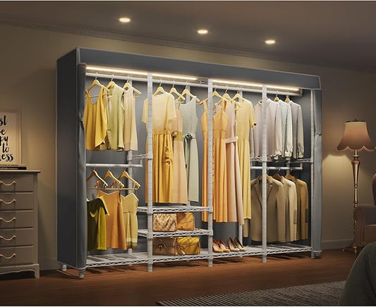 VIPEK V40LC Covered Clothes Rack with Dimmable LED Lights, Heavy Duty Garment Rack with Cover Portable Closet Wardrobe Clothing Racks for Hanging Clothes, White Closet Racks with Grey Oxford Cover