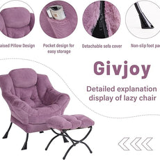 Plush Lazy Chair and Ottoman, Large Contemporary Accent Lounge Chair with Armrests and a Side Pocket, Modern Leisure Upholstered Sofa Reading Armchair with Footrest for Bedroom, Living Room