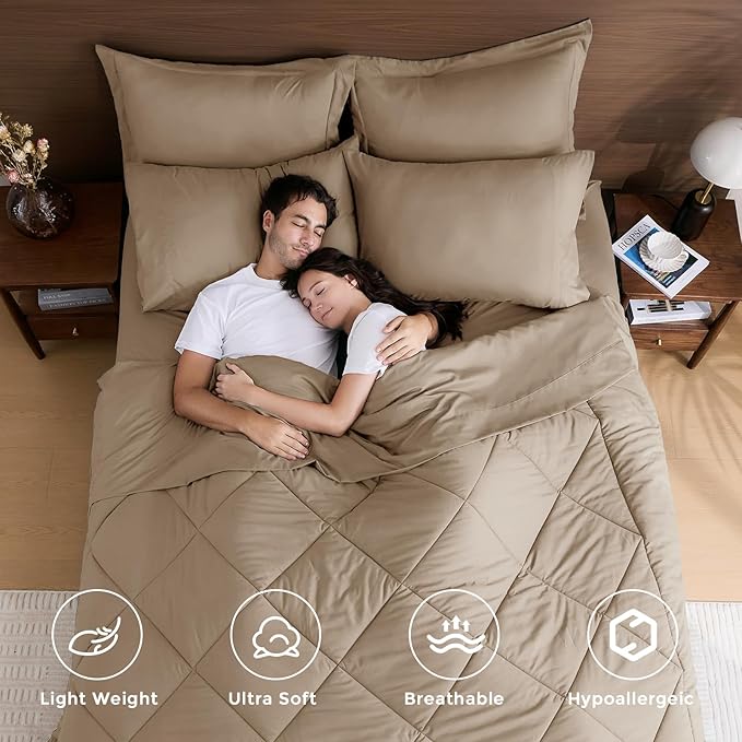 HEVUMYI Khaki Twin Comforter Set - 5-Piece All Season Bed in a Bag Twin, Ultra Soft Bedding Set with Comforter, Flat Sheet, Fitted Sheet, Pillowcases, Pillow Shams