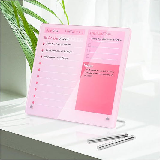 Desktop Thickened Acrylic Dry Erase Board to do List Planner Board，12"x10"，Tabletop Whiteboard with Stand，Frameless Pink Dry Erase White Board，for Office/Home/School