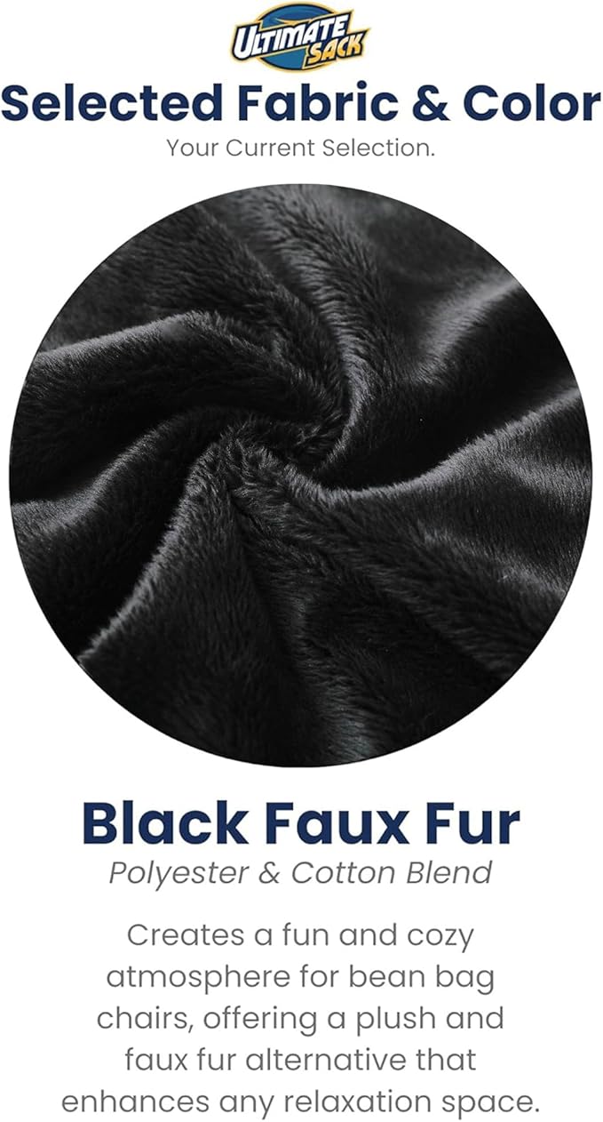 Ultimate Sack 6000 6-Foot Bean Bag Chair, Black Fur Cover – Oversized Foam Lounger, Floor Seat, Small Sofa, or Couch Bed for Living Area, Gaming Room, or Reading Lounge