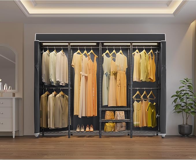 VIPEK V40LC Covered Clothes Rack with Dimmable LED Lights, Heavy Duty Garment Rack with Cover Portable Closet Wardrobe Clothing Rack for Hanging Clothes, Black Closet Rack with Black Oxford Cover