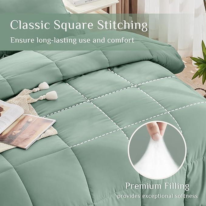 JOLLYVOGUE King Comforter Set, Ultra-Soft Bed in a Bag King Size 7 Pieces, Oeko-TEX Certified Bedding Set with Down Alternative Comforter, Sheets, Pillowcases & Shams, Sage Green