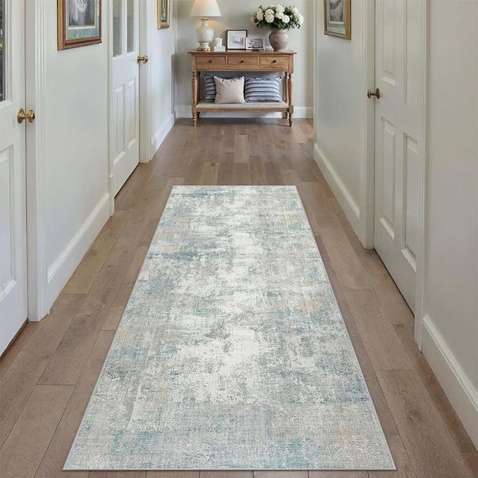 2x5 Washable Runner Rug Blue Cream Abstract Hallway Kitchen Throw Rug Neutral Modern Non Slip Soft Low Pile Lightweight Carpet for Bathroom Laundry Bedroom Living Room