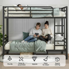 Twin XL Over Twin XL Bunk Bed, Metal Bunk Bed Frame Heavy Duty Bunk Beds Loft Bed Frame with Ladder and Guardrail Metal Slats No Box Spring Required for Adults Teens, Black