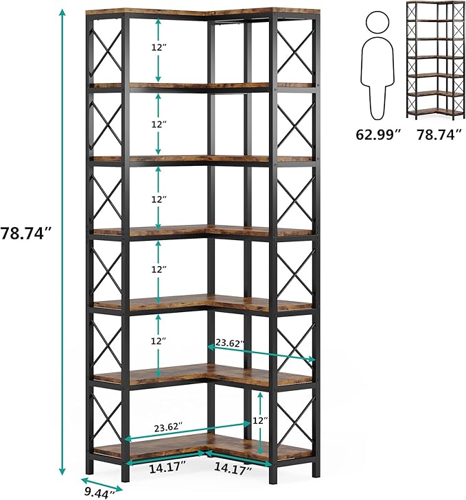 Tribesigns 7-Tier Corner Bookcase, Industrial Large Corner Bookshelf, 7-Shelf Tall Shelf Storage Display Rack with Metal Frame for Living Room Home Office, Rustic Brown