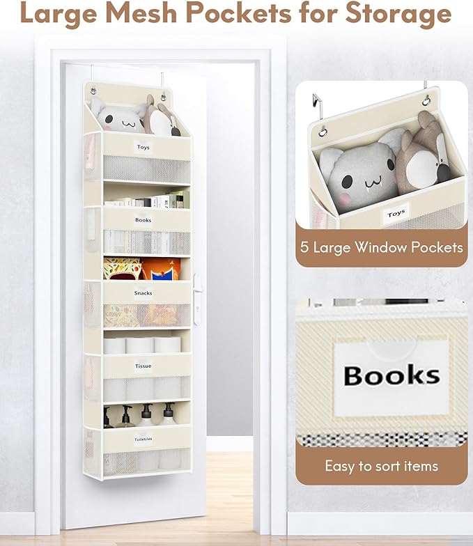 Over The Door Organizer Hanging, 2 Pack 5 Shelf Behind The Doors Storage, Pantry Door Organizer, Closet Organizers for Bedroom and Nursery (Beige)