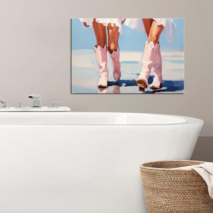 Cowgirl Boots Wall Art Pink Cowboy Boots Canvas Wall Art Western Aesthetic Canvas Prints Poster Trendy Preppy Girls Aesthetic Room Decor Picture for Apartment Bedroom Dorm 24x16in Framed