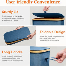 Lifewit 65L Slim Laundry Hamper with Lid, Narrow Laundry Basket with Removable Bag & Bamboo Handles, Fodable Thin Dirty Clothes Hamper for Laundry Collapsible Bin for Bathroom Bedroom Dorm, Dark Blue