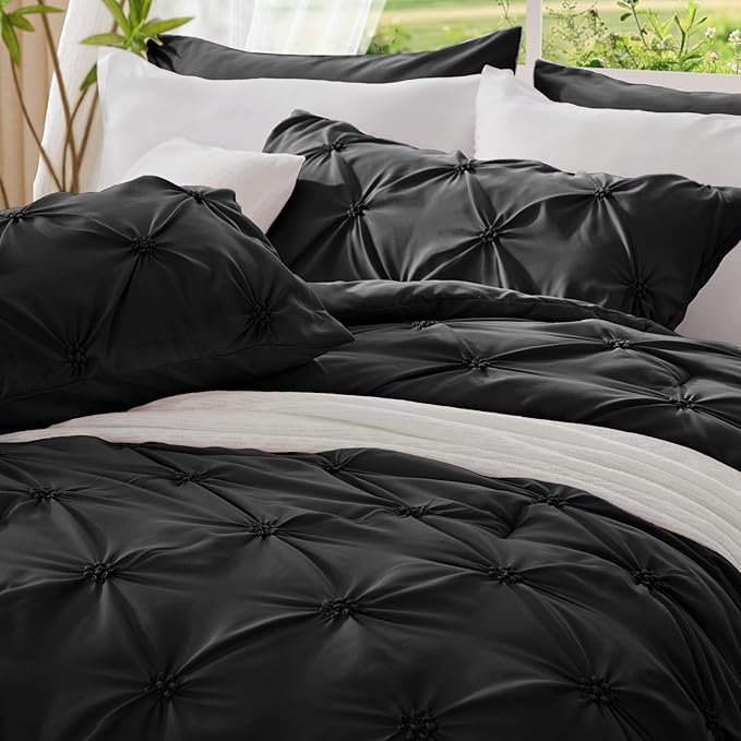 BEDELITE Black Comforter Set Queen - 3 Pieces Boho Pintuck Bedding Comforter Sets, Lightweight Soft & Warm Bed Comforter Queen with 2 Pillowcases for All Season