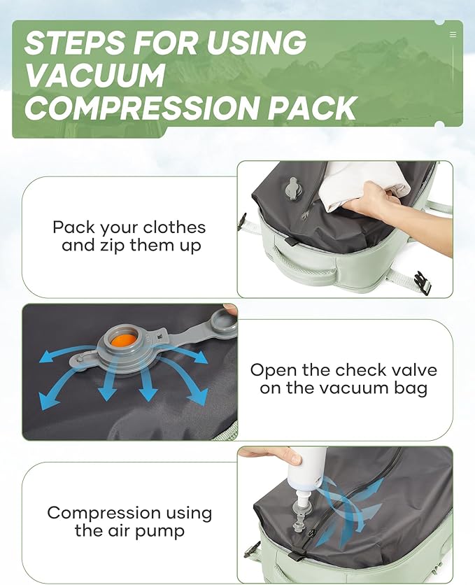 Vacuum Travel Backpack with Electric Vacpack Pump for Women, 40L Expandable Vacuum Compression Bags Personal Item Backpacks Flight Approved Traveling Carry on Suitcase Luggage, Light Green