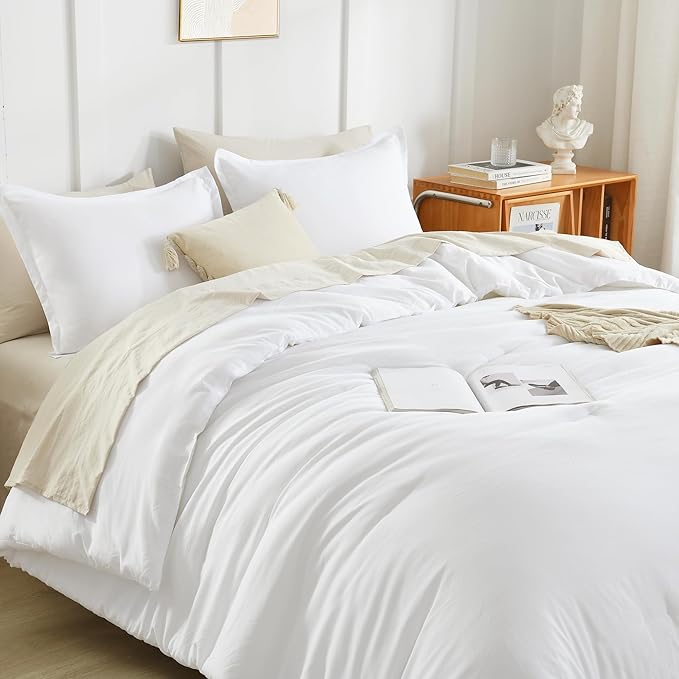 Litanika Comforter Set, Lightweight Solid Bedding Comforter Set, Fluffy Down Alternative Bed Set, Bright White, Oversized Queen