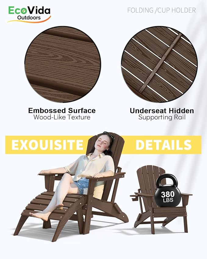 Folding Adirondack Chair 3-Piece Set - 38" Extra Tall Back & Embossed Wood Grain, Oversized HDPE Patio Furniture with Side Table & Cup Holders, 380lb Heavy Duty,Coffee