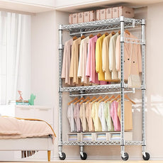 Heavy Duty Rolling Garment Rack 3 Tiers Adjustable Wire Shelving Clothes Rack with 2 Rods and Side Hooks, Storage Closet Clothing Rack with Wheels Chrome 17.7