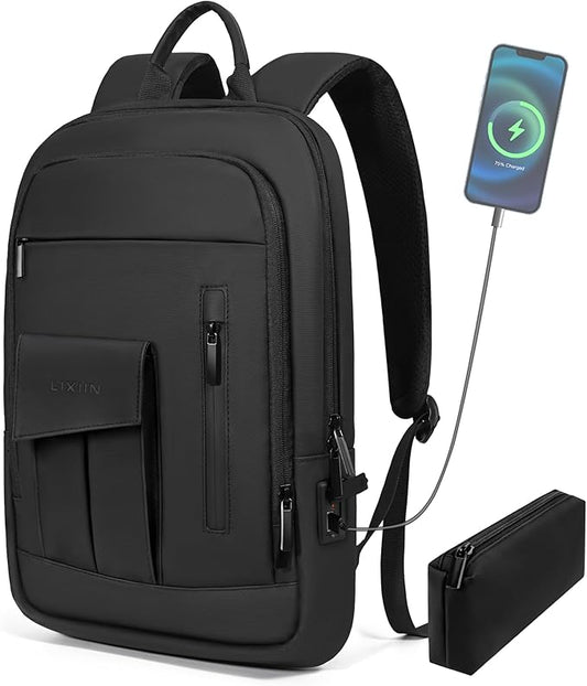 Business Backpack for Men Slim Lightweight Laptop Backpack Water Resistant Small Office Backpack for Commute Travel Daily Office Work with Small Bag (Black)