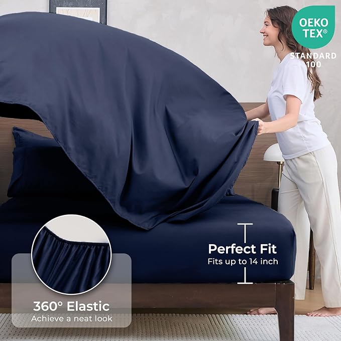 HEVUMYI Navy Blue Cali-King Comforter Set - 7-Piece All Season Bed in a Bag Cali-King, Ultra Soft Bedding Set with Comforter, Flat Sheet, Fitted Sheet, Pillowcases, Pillow Shams, Navy Blue