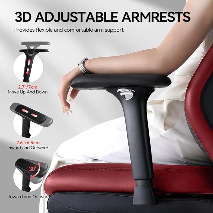 EMIAH Ergonomic Office Chair with Foot Rest Reclining Office Chair with Adjustable Arms and Headrest High Back Gaming Chair with Lumbar Support, PU Leather(Red),Manual