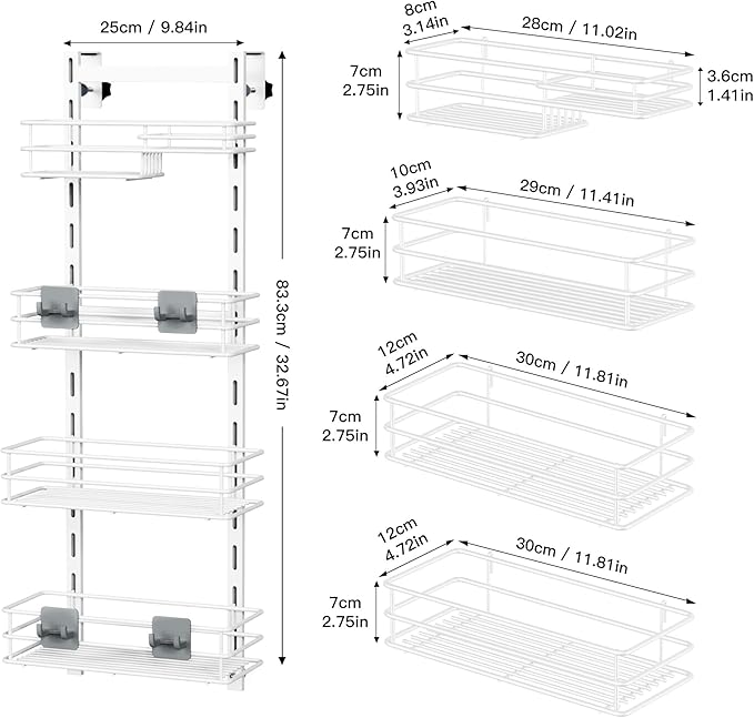 Orimade Over The Door Shower Caddy Adjustable 4 Tier White,Bathroom Hanging Organizer Shelf Rustproof with 4 Hooks,Shower Basket with Soap Holder and Suction Cup
