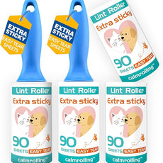 Extra Sticky Pet Hair Remover Lint Roller, 4 Refills (360 Sheets) + 2 Handles, Easy Tear No Residue for Clothes, Couch, Furniture and Car Seats
