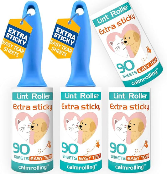 Extra Sticky Pet Hair Remover Lint Roller, 4 Refills (360 Sheets) + 2 Handles, Easy Tear No Residue for Clothes, Couch, Furniture and Car Seats