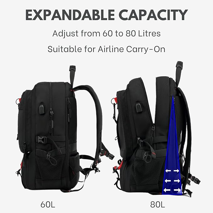 Large Laptop Backpack with Shoe Compartment, Waterproof Rucksack 15.6/17 Inch, Travel School Gym Work College Bags for Men (Black, XL(60L))
