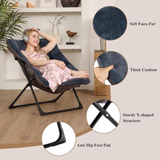 Comfy Saucer Chair for Adults, Set of 2, Soft Faux Fur Bedroom Chair, Accent Dorm Chairs, Flexible Living Room Reading Chairs, Oversized Folding Lounge Seat for Teens, X-Large, Navy Blue