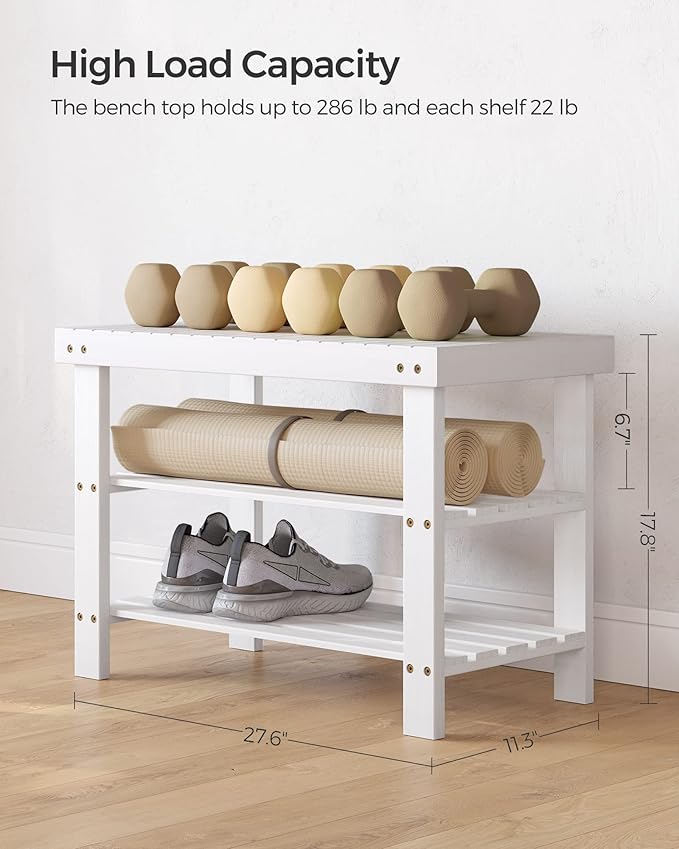 SONGMICS Shoe Rack Bench, 3-Tier Bamboo Shoe Storage Organizer, Entryway Bench, Holds Up to 286 lb, 11.3 x 27.6 x 17.8 Inches, for Entryway Bathroom Bedroom, Cloud White ULBS004W01