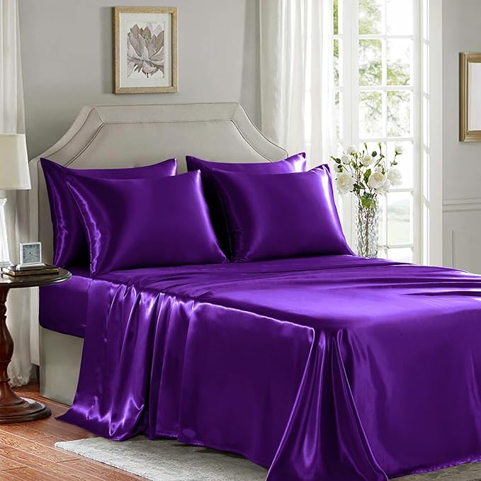 Satin Sheets Queen Size - 6 Pieces Luxury Silky Soft Bed Sheets, Wrinkle-Free Dark Purple Satin Silk Sheet Set with 1 Deep Pocket Fitted Sheet, 1 Flat Sheet, 4 Pillow Cases