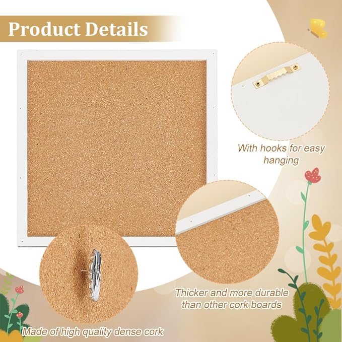 BENECREAT Pin Board Square Cork Board with White Frame, 0.8inch Thick Wall Mounted Cork Board for Brooch Pin Storage, Office Home Festival Wedding Decor, 7.8x7.8inch