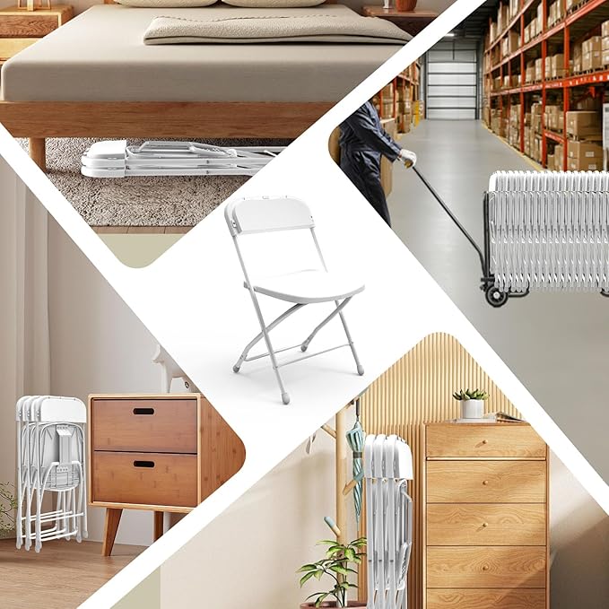 SHGJ&SOFT 2 Pack Folding Chairs, 350LBS Sturdy Metal Steel Frame Foldable Chairs, Heavy Duty Plastic Commercial Seating for Indoor, Outdoor, Party, Wedding, Patio, Office, Picnic(White, 2-Pack)