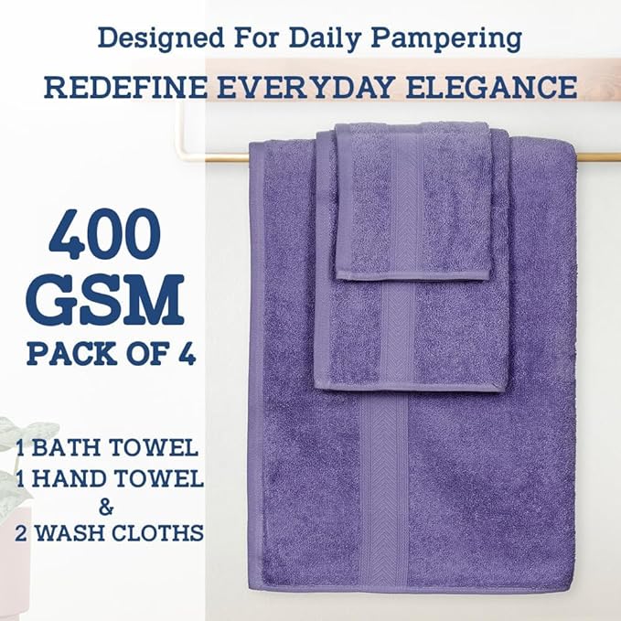 Casa Lino 100% Cotton Bath Towels Set of 4 (1 Bath Towel, 1 Hand Towel & 2 Wash Cloths) - Bathroom Towels and Washcloths Set - Complete Bathroom Set - Guest Room Essentials - (Purple)