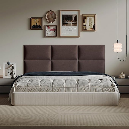 12-Piece Dark Brown Linen Upholstered Headboard King Size, Wall Mounted Panels Set, Elegant Fabric Headboard for Master Suite