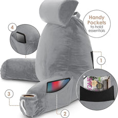 Nestl Reading Pillow with Shredded Memory Foam Includes 2 Neck and Lumber Support Pillows, Designed for Sitting Up in Bed and Couch, Back and Arms Adjustable Support for Adult & Teens, Grey