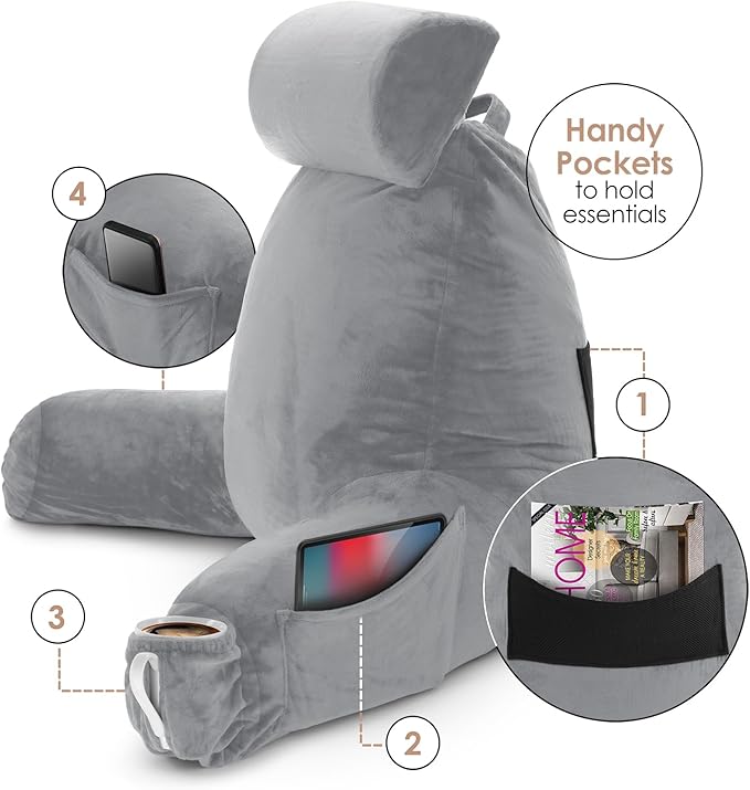 Nestl Reading Pillow with Shredded Memory Foam Includes 2 Neck and Lumber Support Pillows, Designed for Sitting Up in Bed and Couch, Back and Arms Adjustable Support for Adult & Teens, Grey