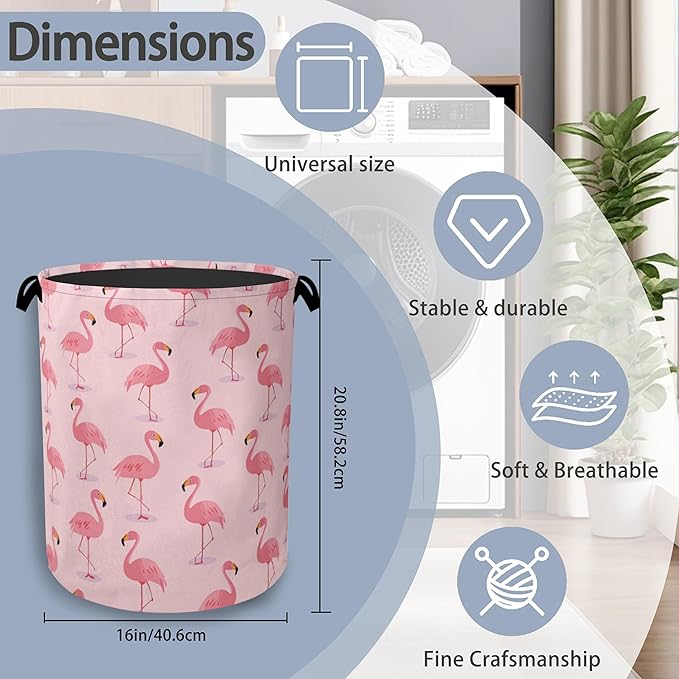Pink Flamingo Laundry Hamper,Tropical Dirty Clothes Laundry Basket with Handles Waterproof Oxford Cloth Storage Basket for College Dorms Bathroom Bedroom 16" x 20.8"