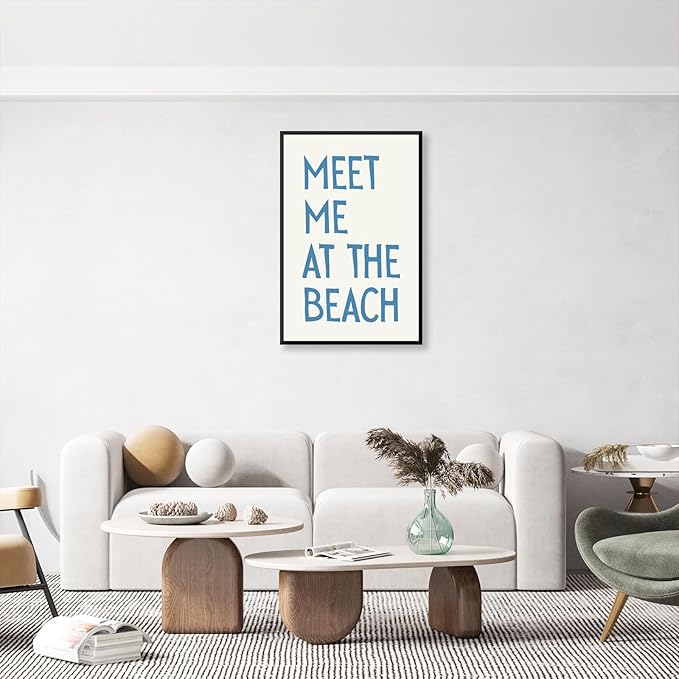 Trendy Meet Me At The Beach Posters Blue Coastal Cowgirl Wall Art Funky Summer Room Decor Vintage Beachy Canvas Prints Ocean Theme Aesthetic for Bathroom Apartment Bedroom 16x24in Metal Black Frame